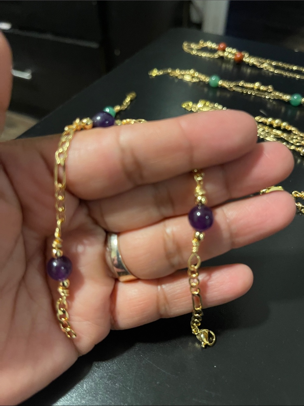 Gold Chain Bracelet with Purple Beads - Women's Jewelry